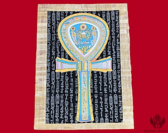 The Sacred Ankh Egyptian Glowing Papyrus Painting - Unique Ancient Egyptian Art - Handmade in Egypt With Authentic Papyrus Leaves