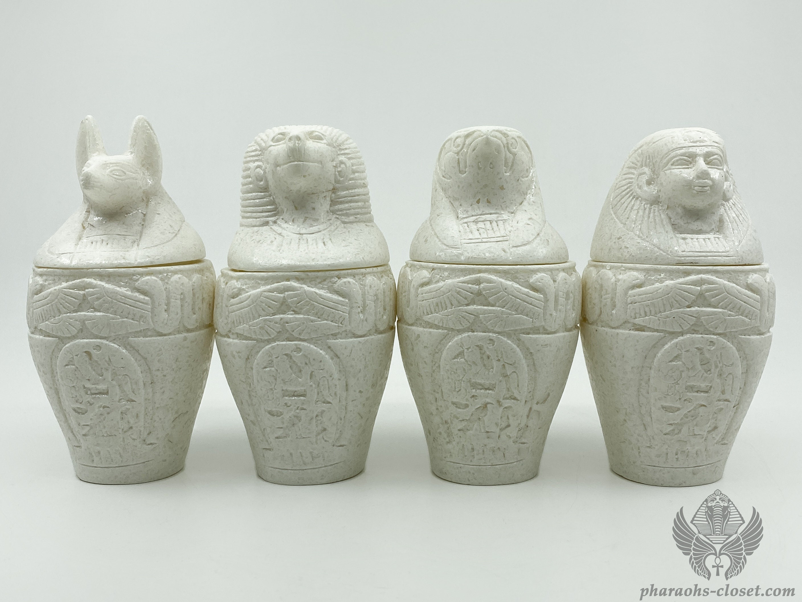 Unique Alabaster Canopic Jar Set Of 4 Sons Horus - Rare Egyptian Jars Charming Art Handmade in Egypt