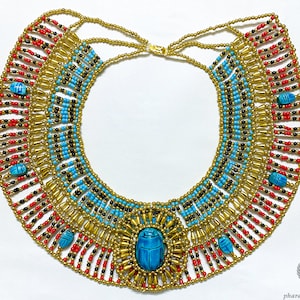 Unique Egyptian Beaded Collar Necklace With Sacred Scarabs In Various Colors Handmade In Egypt Cyan