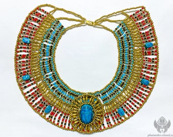 Unique Egyptian Beaded Collar Necklace With Sacred Scarabs in
