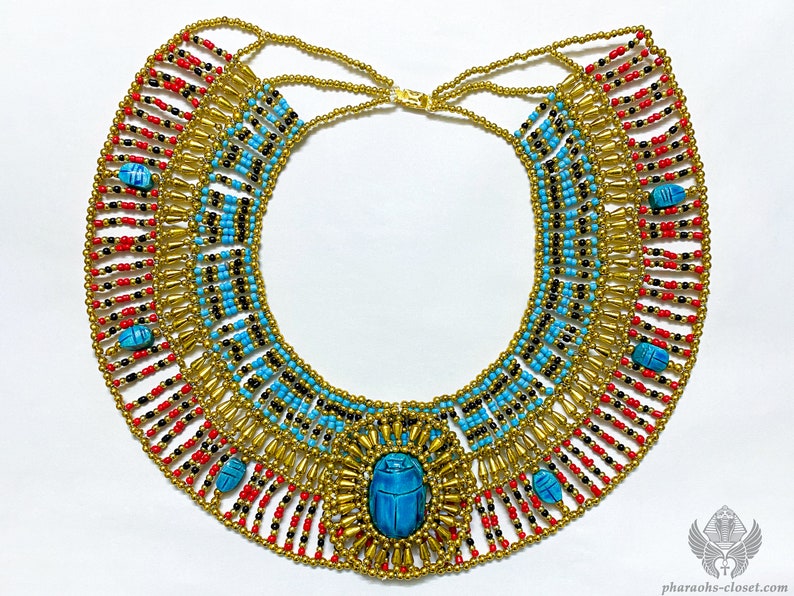 Unique Egyptian Beaded Collar Necklace With Sacred Scarabs In Various Colors Handmade In Egypt Cyan