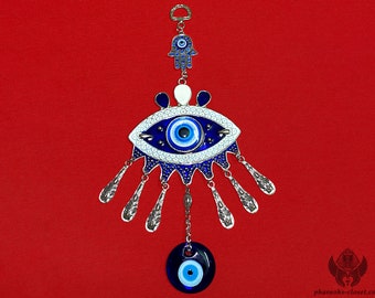 The Evil Eye and Hamsa Egyptian Amulet For Protection and Enlightenment - Egyptian Blue Beaded Wall Hanging Amulet - Handmade in Egypt