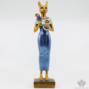 Unique Bastet Statue Holding Sistrum - Available in 5 Colors - Goddess Bast Bastet - Egyptian Cat Statue - Masterfully Handmade in Egypt