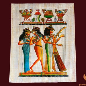 The Sacred Priestesses of Music Egyptian Papyrus Painting - Authentic Papyrus Art of Ancient Egypt - Egyptian Decor - Handmade in Egypt