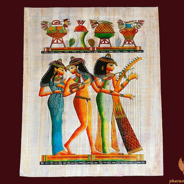 The Sacred Priestesses of Music Egyptian Papyrus Painting - Authentic Papyrus Art of Ancient Egypt - Egyptian Decor - Handmade in Egypt