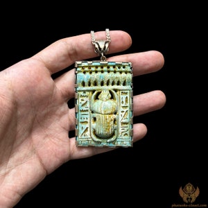 40 Years Old Egyptian Scarab Amulet Pendant Necklace - Handmade In Egypt With Pure Sterling Silver and Real Glazed Steatite Stone