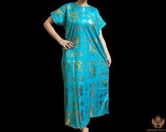 The Turquoise Goddess Sacred Hieroglyphics Dress - Divine Egyptian Kaftan Dress For Egyptian Queens- Boho Dress - All Sizes - Made in Egypt