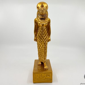 The Golden Sekhmet Healing Statue Made With Stone and Coated With 24K Gold Leaf - Lioness Egyptian Goddess - Egyptian Art Handmade in Egypt