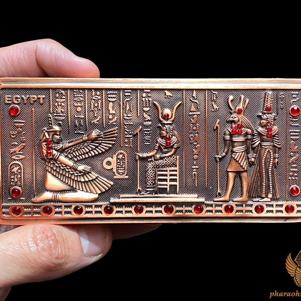 Gods Union Sacred Egyptian Jewelry Box - Unique Metal Egyptian Trinket Box of Goddess Maat Isis Horus and Cleopatra - Handmade in Egypt