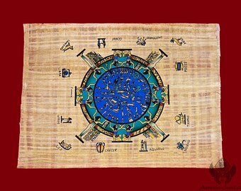 手描きのエジプトの星座パピルス：古代占星術の壁アート（14インチ×10