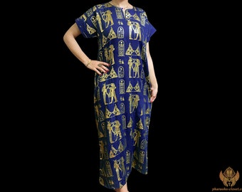 The Indigo Goddess Sacred Hieroglyphics Dress - Divine Egyptian Kaftan Dress For Egyptian Queens- Boho Dress - All Sizes - Made in Egypt