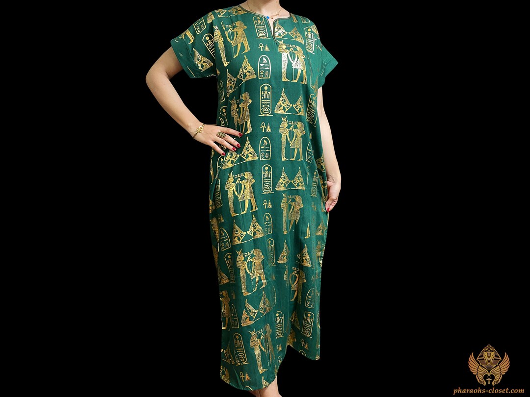 The Emerald Goddess Sacred Hieroglyphics Dress - Divine Egyptian Kaftan Dress For Egyptian Queens- Boho Dress - All Sizes - Made in Egypt