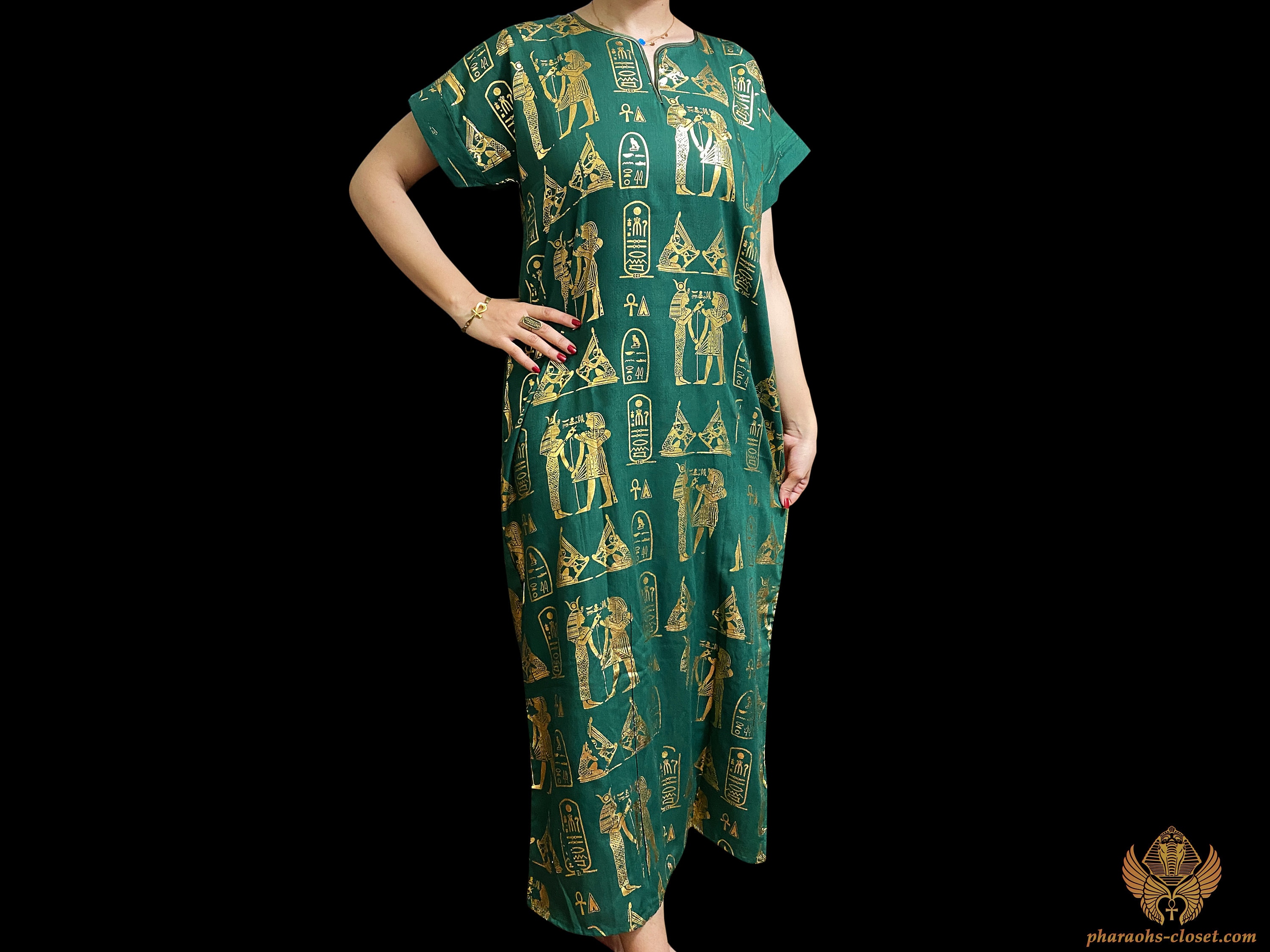 The Emerald Goddess Sacred Hieroglyphics Dress - Divine Egyptian Kaftan Dress For Egyptian Queens- Boho Dress - All Sizes - Made in Egypt