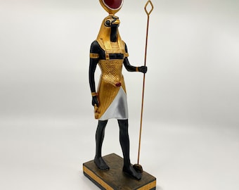 エジプトの偉大な神ラーのユニークな金色の黒い像 - 太陽の円盤と力の