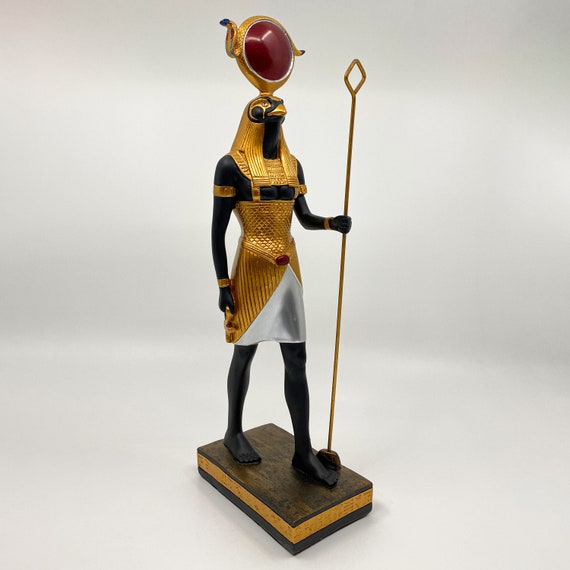 エジプトの偉大な神ラーのユニークな金色の黒い像 - 太陽の円盤と力の