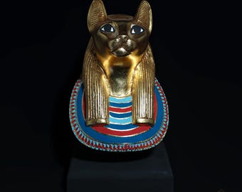 Raro busto egizio della dea Bastet - Statua della dea egizia gatto decorata con foglia d'oro 14 carati - Realizzata a mano con cura in Egitto