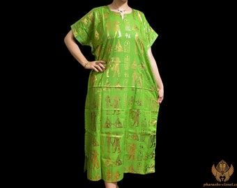 The Green Goddess Sacred Hieroglyphics Dress - Divine Egyptian Kaftan Dress For Egyptian Queens- Boho Dress - All Sizes - Made in Egypt