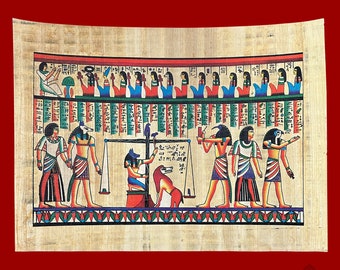 手作りエジプトパピルス画：心臓の重さを量る、古代の神々（14インチ