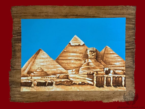 エジプトアート、パピルス Lavish Egyptian Papyrus Painting of Giza Pyramid Complex