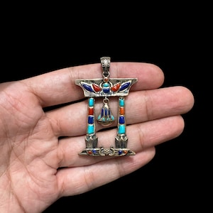 25 Years Old Sterling Silver Pendant of Hathor Temple Decorated With Gemstones - Egyptian Jewelry Handmade In Egypt