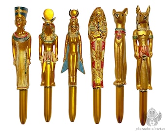 Egyptian Gods Pen Set- Set of 6 Exquisite Ancient Egyptian Pens of Horus Anubis Bastet Nefertiti Isis and Tutankhamun - Handmade in Egypt