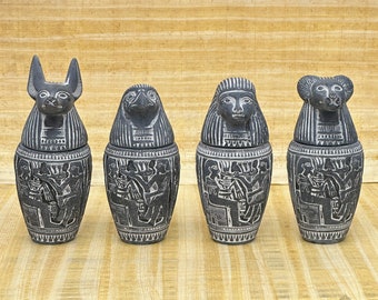 Real Basalt Canopic Jars - Set of 4 Egyptian Canopic Jars - Activated for Spiritual Practices and Ancestral Healing - Handmade In Egypt