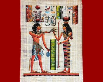 女神マアトとハトホルのパピルス画：古代エジプトの壁画（14インチ×10