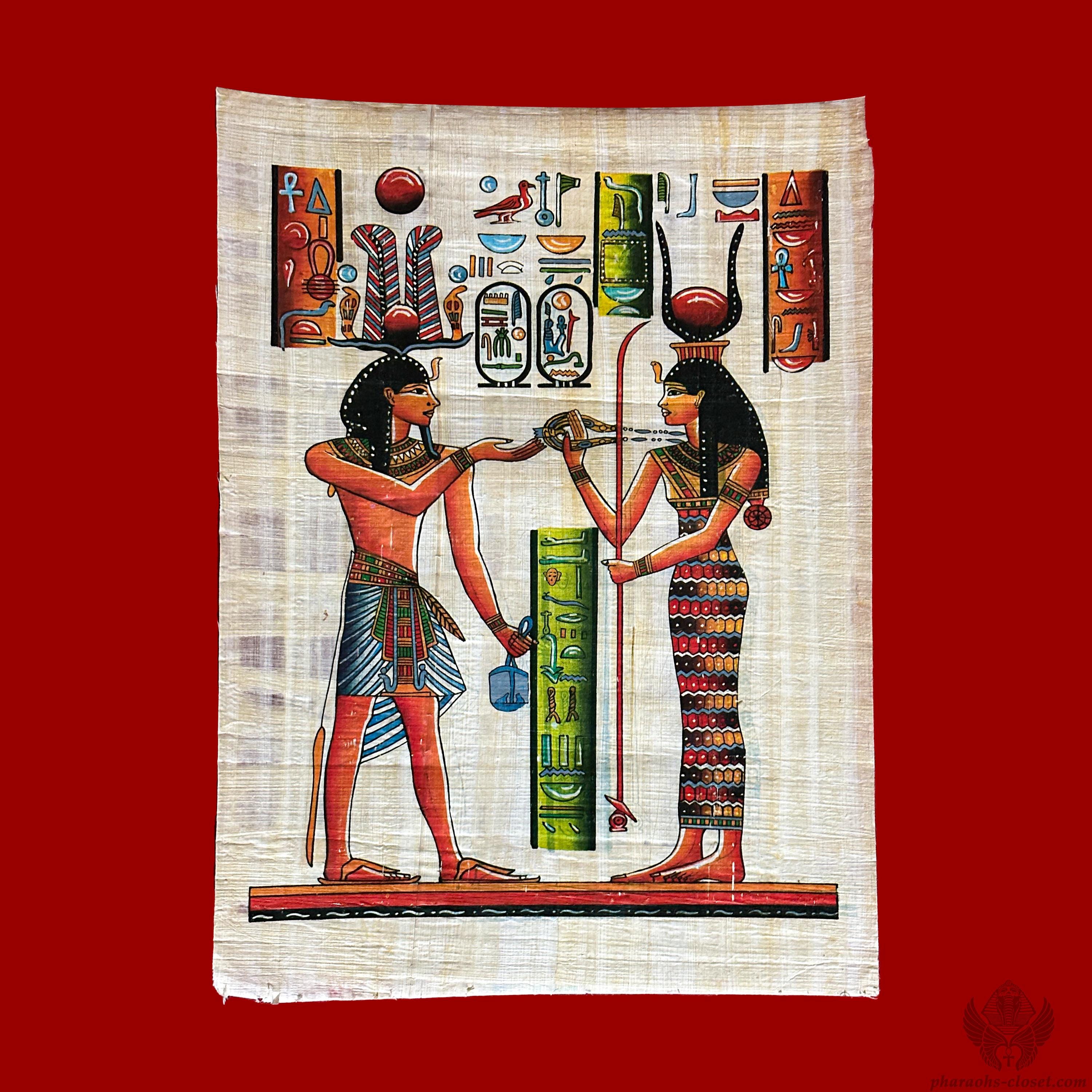 古代エジプトのファラオと王妃の除草の儀式を描いた希少なパピルス画
