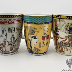 Blessed Egyptian Mugs Set of 3 - Cleopatra, Tut and Ankhesenamun - Egyptian Ceramic Mugs - Unique Coffee and Tea Mugs - Made in Egypt