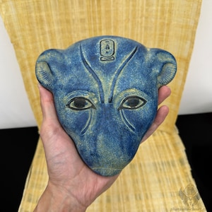 Unique Blue Stone Wall Hanging Sekhmet Sculpture - Masterpiece That Will Unlock Your Ancient Egyptian Memories - Carefully Handmade In Egypt