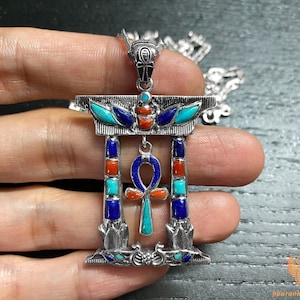 The Sacred Temple of The Ankh - Lavish Ancient Egyptian Sterling Silver Ankh Pendant Decorated With Pure Lapis Lazuli - Handmade In Egypt
