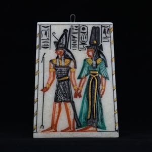 Nefertari Being Led By God Horus - Rare Egyptian Alabaster Stele - Egyptian Plaque Egyptian Tablet - Handmade In Egypt - Free Shipping