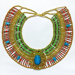 Unique Egyptian Beaded Collar Necklace With Sacred Scarabs In Various Colors Handmade In Egypt Green