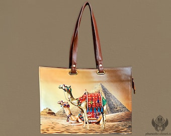 Egyptian Camels and Pyramids in Giza Double Strap Shoulder Bag - Egyptian Tote Shoulder Hand Bag - Handmade in Egypt