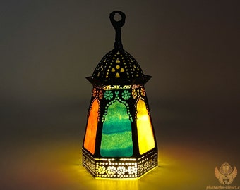 Unique Small Egyptian Khan El Khalili Lamp for Rituals Ceremonies n More- Handmade In Egypt Using Metal Case and Colored Alabaster Stones