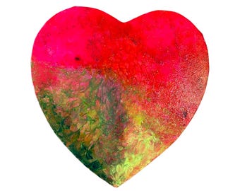 Vibrant Heart Painting, Acrylic on Canvas, Red Green Yellow Abstract Art (11x11 inches)