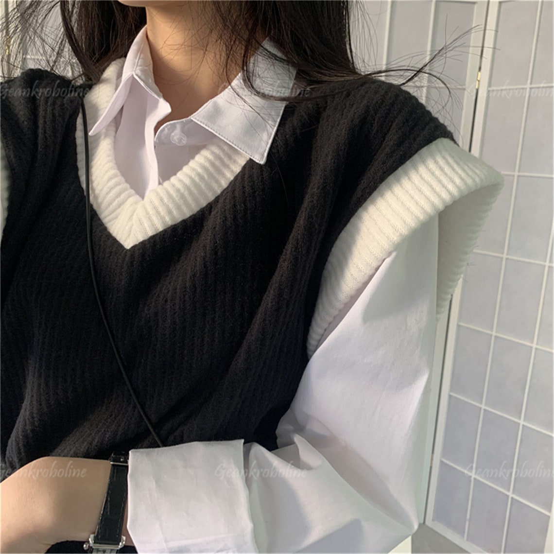 Black and White Knit Vest V-neck Vest Y2K Argyle Sweater | Etsy