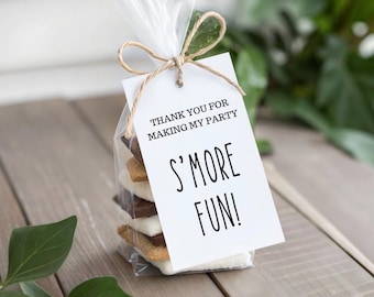 one happy camper, smore fun, thank you for making my party s'more fun, camping party, s'mores favors, campfire theme, favor tags, party tags