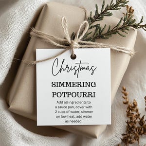 May include: A wrapped gift in brown paper, tied with twine and a sprig of greenery. A white tag reads "Christmas Simmering Potpourri" with instructions. A festive holiday gift.