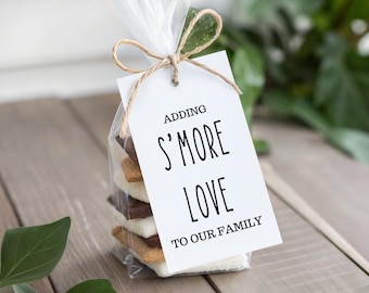 adding s'more love to our family ,baby announcement,  baby shower, s'more fun, s'mores favors, campfire theme, baby shower favors, tags,