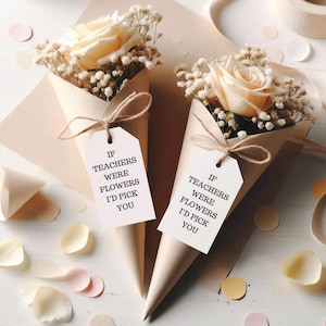May include: Two small bouquets of white and cream flowers in brown paper cones with white tags that read "If teachers were flowers I'd pick you".