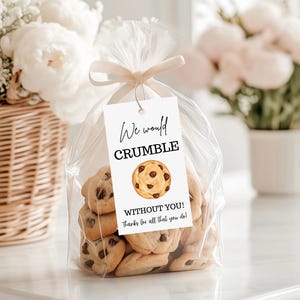 May include: A clear cellophane bag tied with a beige ribbon, filled with chocolate chip cookies. A white tag reads "We would CRUMBLE WITHOUT YOU! Thanks for all that you do!" A watercolor illustration of a cookie is on the tag.