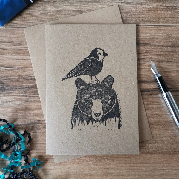 Jackdaw & Bear greeting card, friendship card, friend card, lino print design birthday, bird and bear card