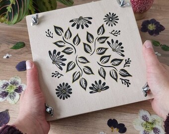Large Wooden Flower Press kit, hand printed linocut botanical design -ideal nature, gardening, traditional craft gift