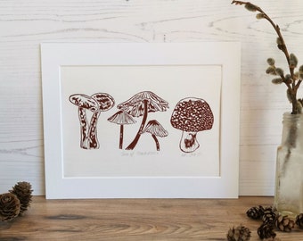 Trio of Toadstools linocut print, woodland fungi nature art print, Gift for mushroom nature lover