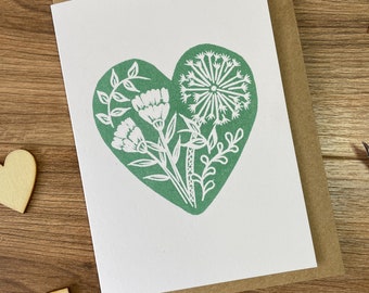 Botanical heart Valentines card | Linocut print | Anniversary card, birthdays, valentines day