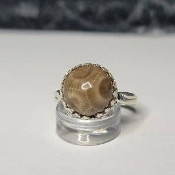 Petoskey Stone Ring - Fossil - Sterling Silver - Hexagonaria - Size US 8