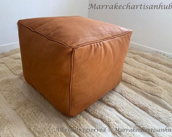 Amazing square Ottoman Pouffe Moroccan leather | ottoman square pouf | light tan handmade footstool square pouffe Moroccan