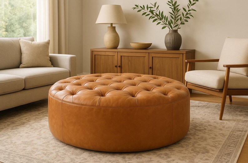May include: A large, round, tufted ottoman in a warm, caramel-colored leather. The ottoman is the focal point of a living room setting, surrounded by a sofa, armchair, and wooden cabinet. The room has a neutral color palette.