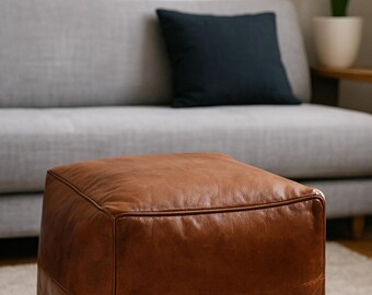 Handcrafted Square Ottoman Leather Pouf,Moroccan Leather Coffee Table,Square Living Room Pouf, Decorative Brown Pouf